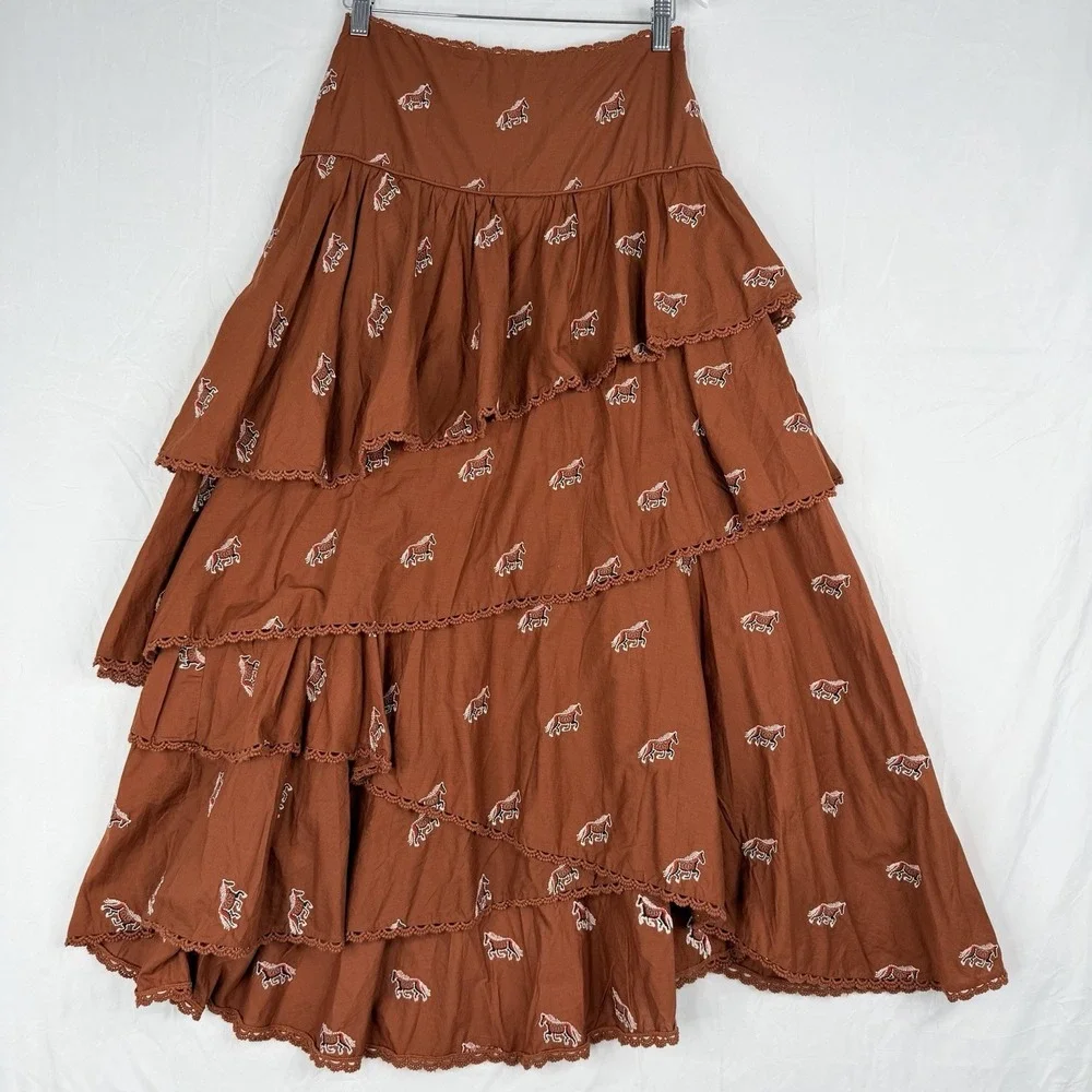 FARM Rio for Anthropologie Maxi skirt Rusty Brown Embroidered Horse Layered XS